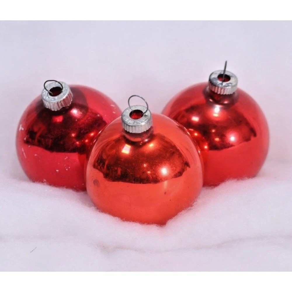Vintage SHINY BRITE Glass Christmas Ornament Set (3) Red MCM Retro Holiday Balls